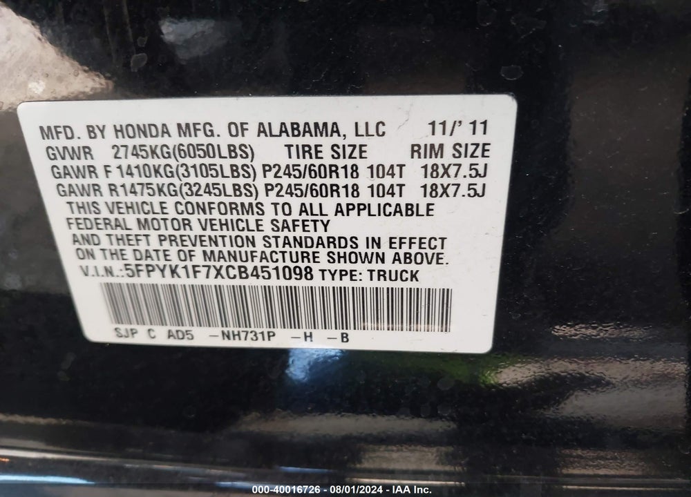2012 HONDA RIDGELINE SPORT VIN: 5FPYK1F7XCB451098