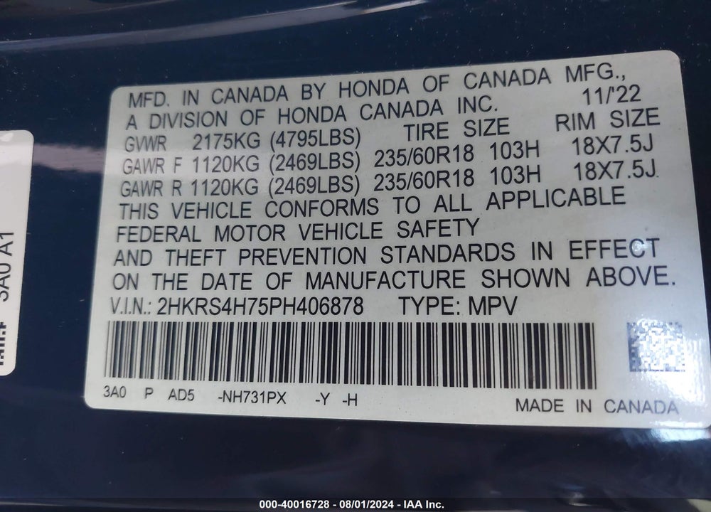 2023 HONDA CR-V EX-L AWD VIN: 2HKRS4H75PH406878