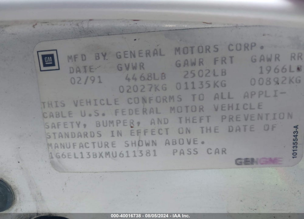 1991 CADILLAC ELDORADO VIN: 1G6EL13BXMU611381