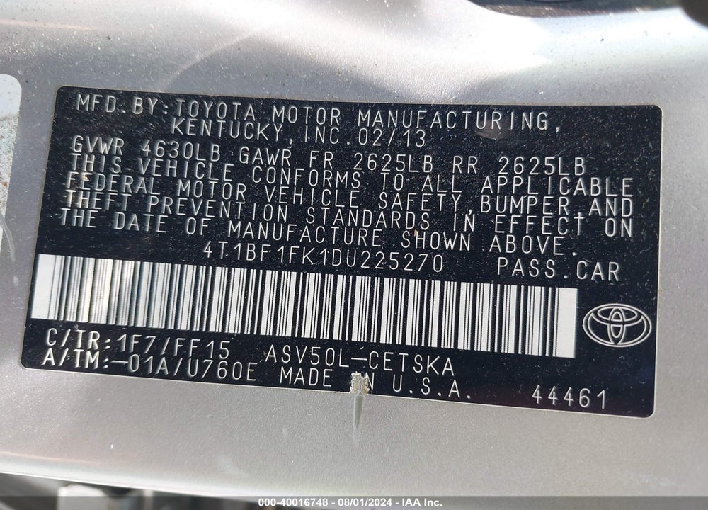 2013 TOYOTA CAMRY L/LE/SE/XLE VIN: 4T1BF1FK1DU225270