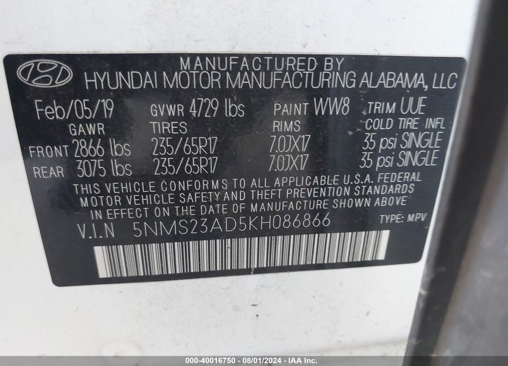 2019 HYUNDAI SANTA FE SE VIN: 5NMS23AD5KH086866