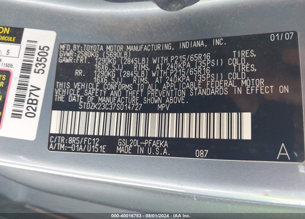 2007 TOYOTA SIENNA LE VIN: 5TDZK23C37S014727