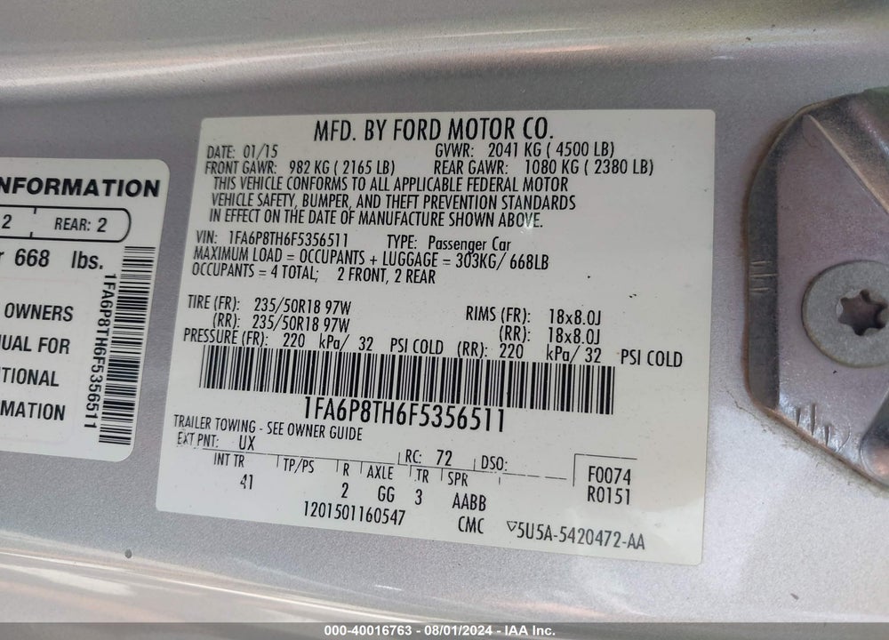 2015 FORD MUSTANG ECOBOOST VIN: 1FA6P8TH6F5356511