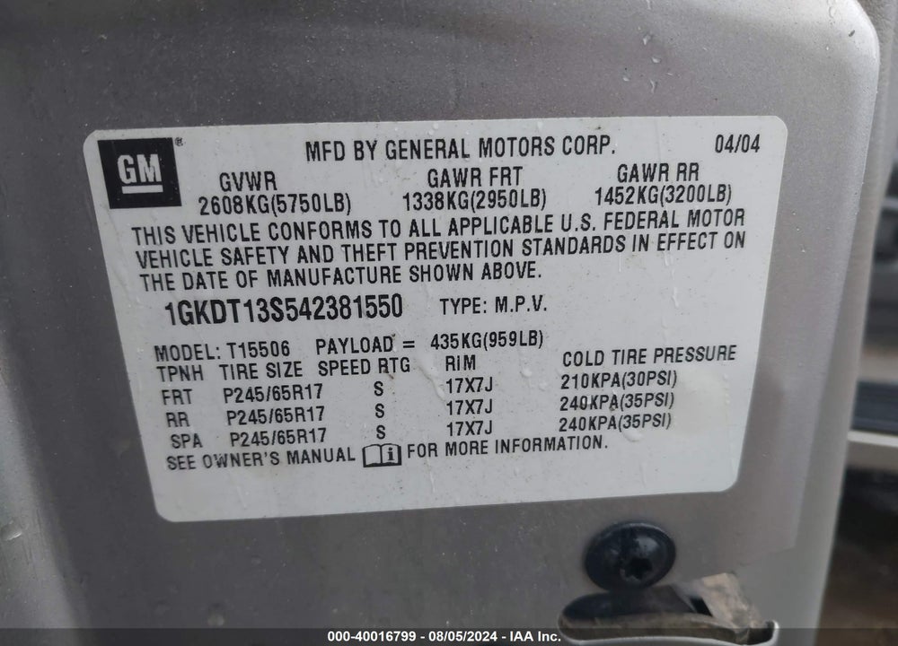 2004 GMC ENVOY SLT VIN: 1GKDT13S542381550