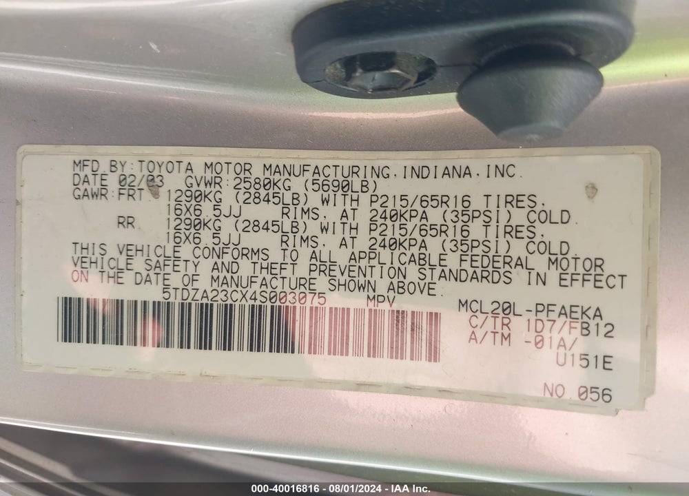 2004 TOYOTA SIENNA LE VIN: 5TDZA23CX4S003075