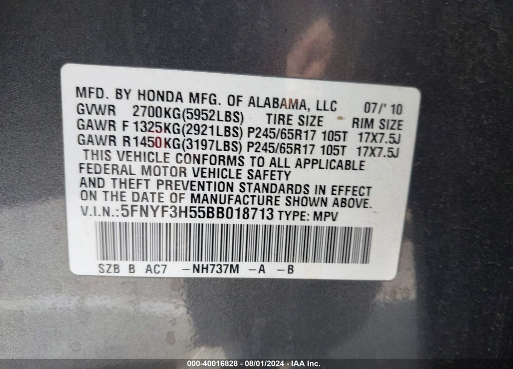 2011 HONDA PILOT EX-L VIN: 5FNYF3H55BB018713