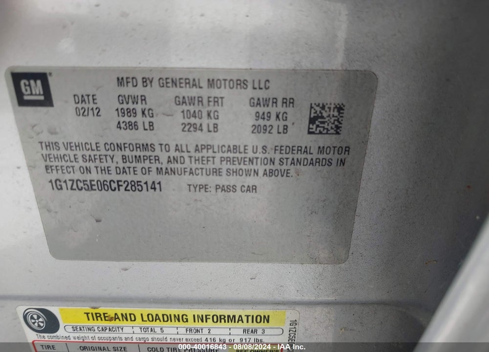 2012 CHEVROLET MALIBU 1LT VIN: 1G1ZC5E06CF285141