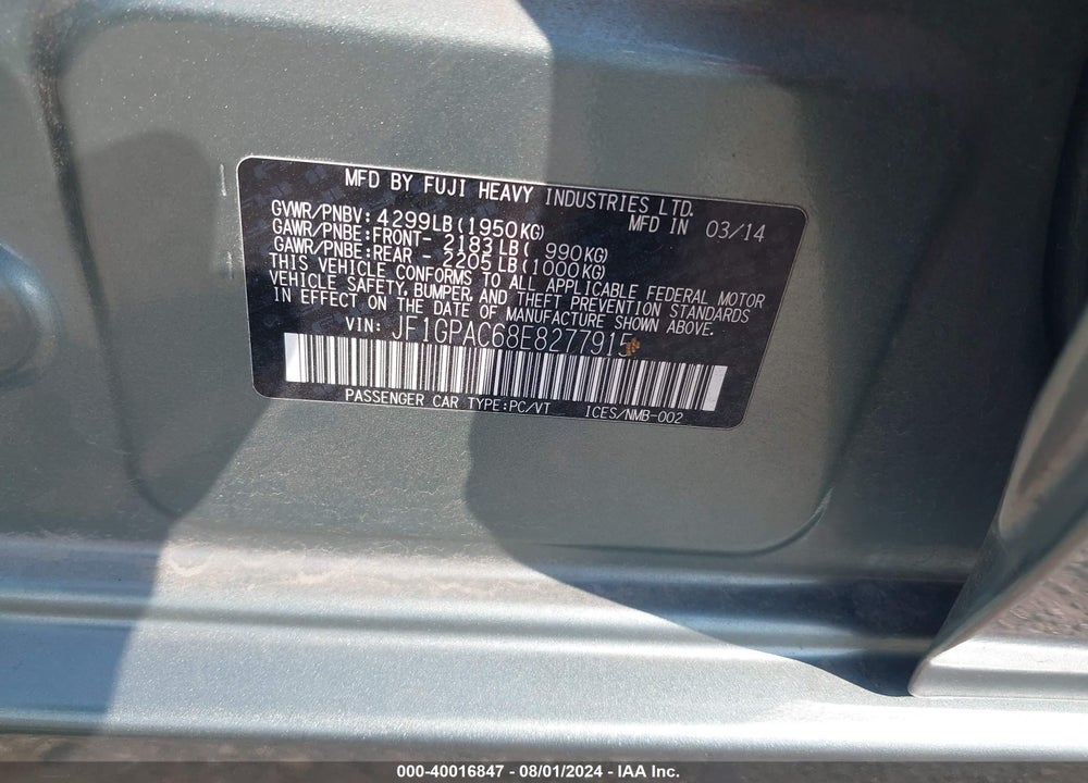 2014 SUBARU IMPREZA 2.0I PREMIUM VIN: JF1GPAC68E8277915