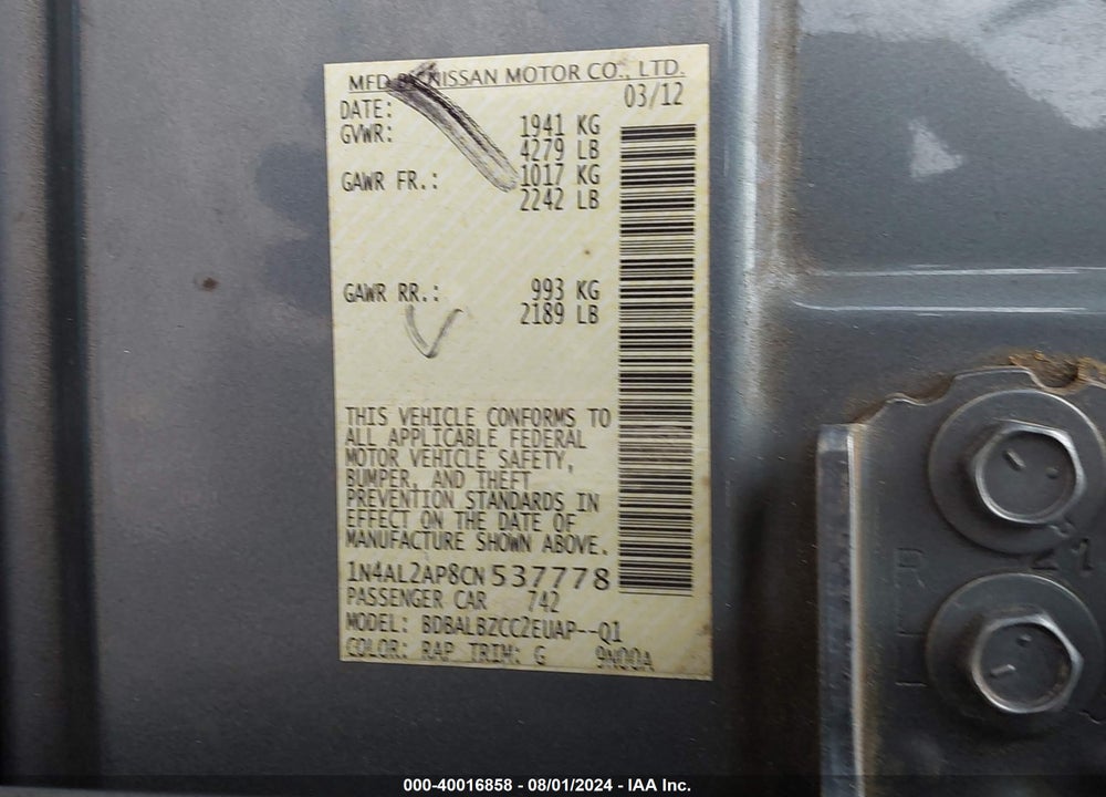 2012 NISSAN ALTIMA VIN: 1N4AL2AP8CN537778
