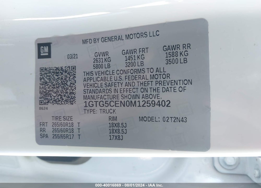 2021 GMC CANYON ELEVATION VIN: 1GTG5CEN0M1259402