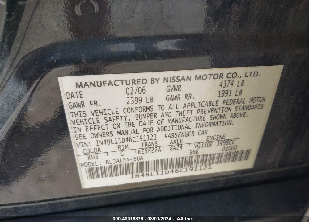 2006 NISSAN ALTIMA 3.5 SE-R VIN: 1N4BL11D46C191121