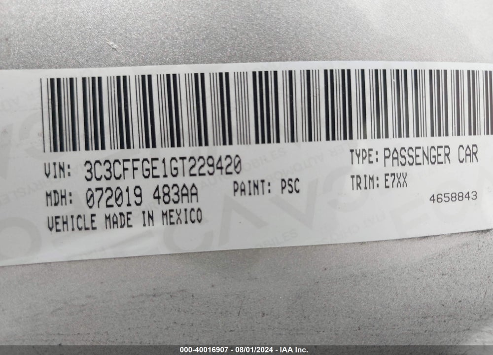 2016 FIAT 500E BATTERY ELECTRIC VIN: 3C3CFFGE1GT229420