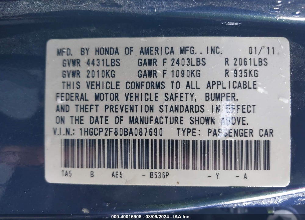 2011 HONDA ACCORD 2.4 EX-L VIN: 1HGCP2F80BA087690