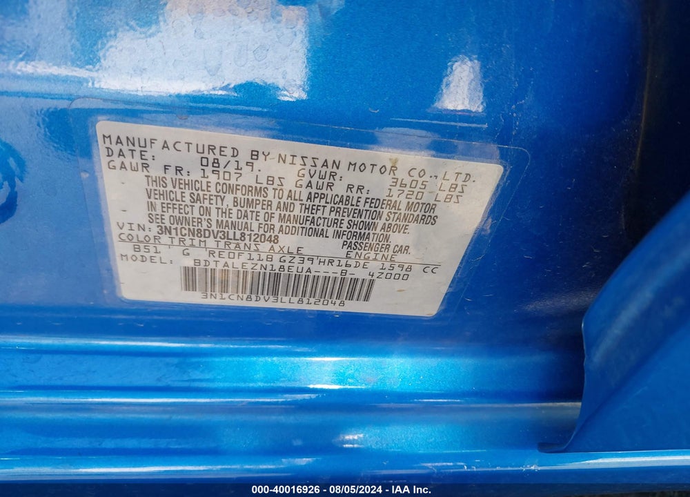 2020 NISSAN VERSA S XTRONIC CVT VIN: 3N1CN8DV3LL812048