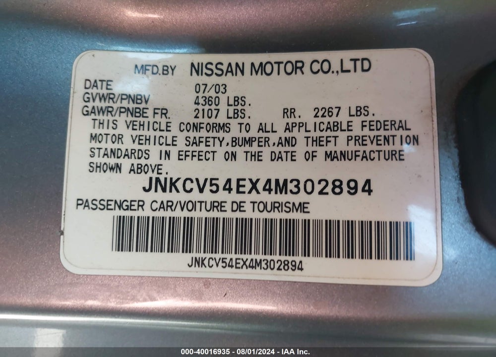 2004 INFINITI G35 VIN: JNKCV54EX4M302894