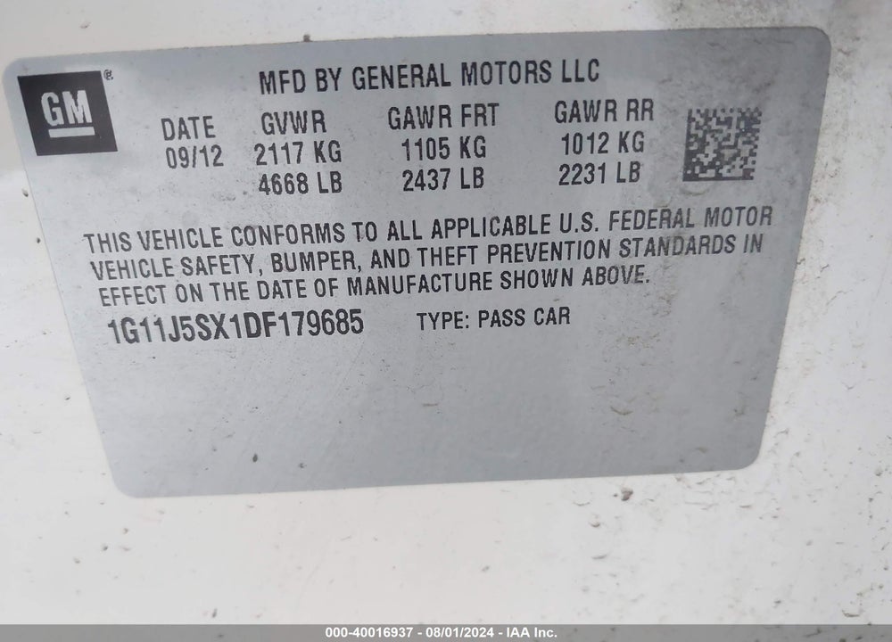 2013 CHEVROLET MALIBU 2LZ VIN: 1G11J5SX1DF179685