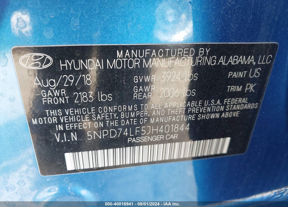 2018 HYUNDAI ELANTRA SE VIN: 5NPD74LF5JH401844