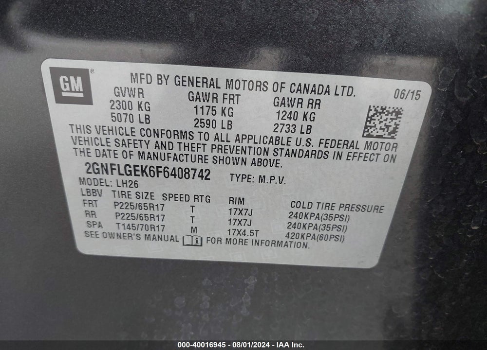 2015 CHEVROLET EQUINOX 2LT VIN: 2GNFLGEK6F6408742