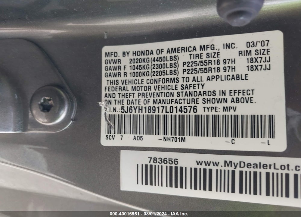 2007 HONDA ELEMENT SC VIN: 5J6YH18917L014576