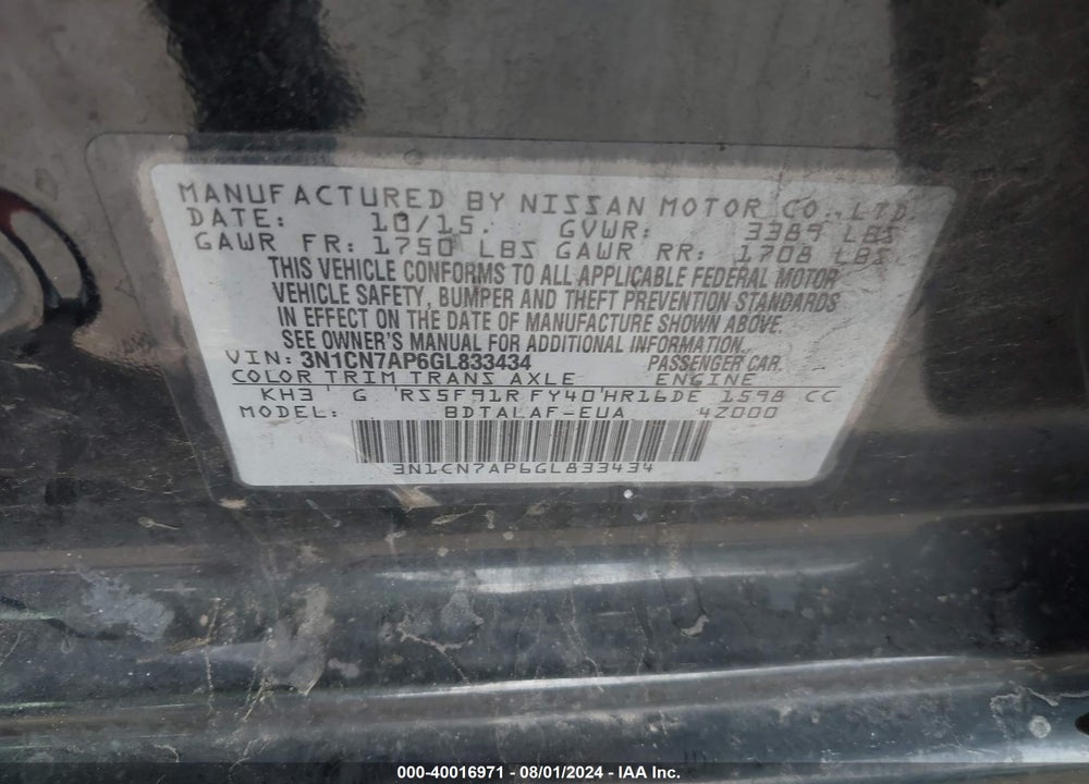 2016 NISSAN VERSA 1.6 S+ VIN: 3N1CN7AP6GL833434