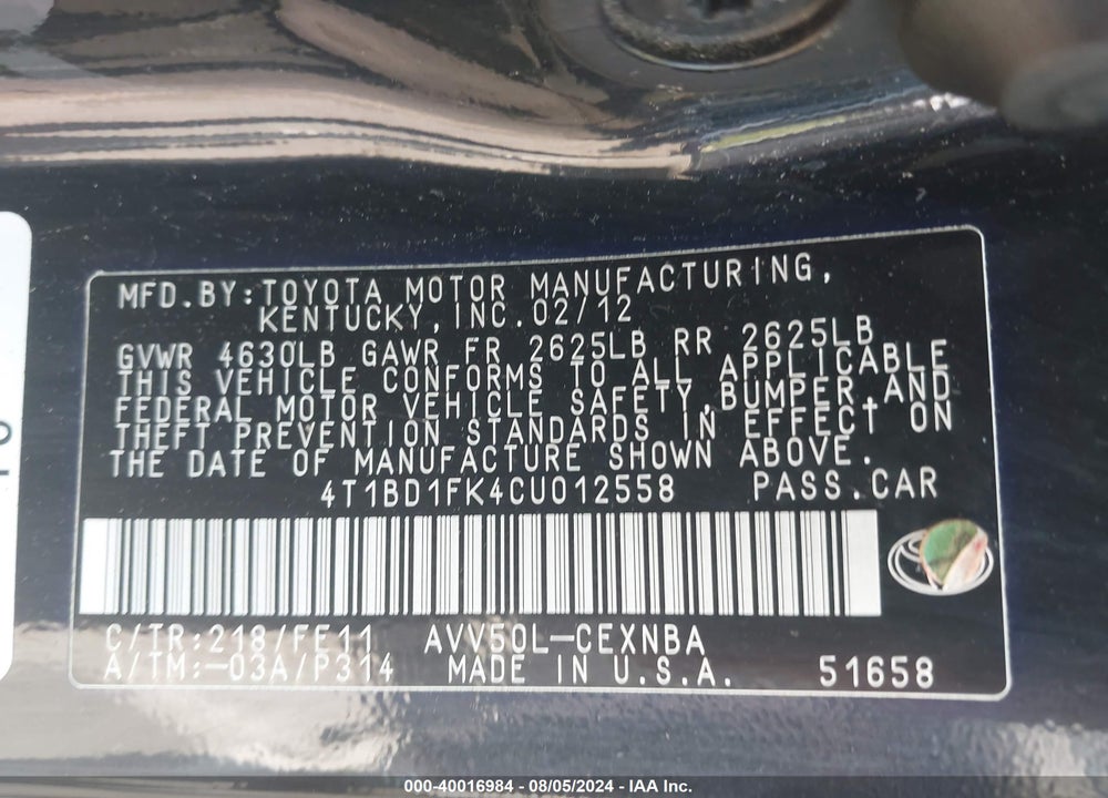 2012 TOYOTA CAMRY HYBRID LE VIN: 4T1BD1FK4CU012558