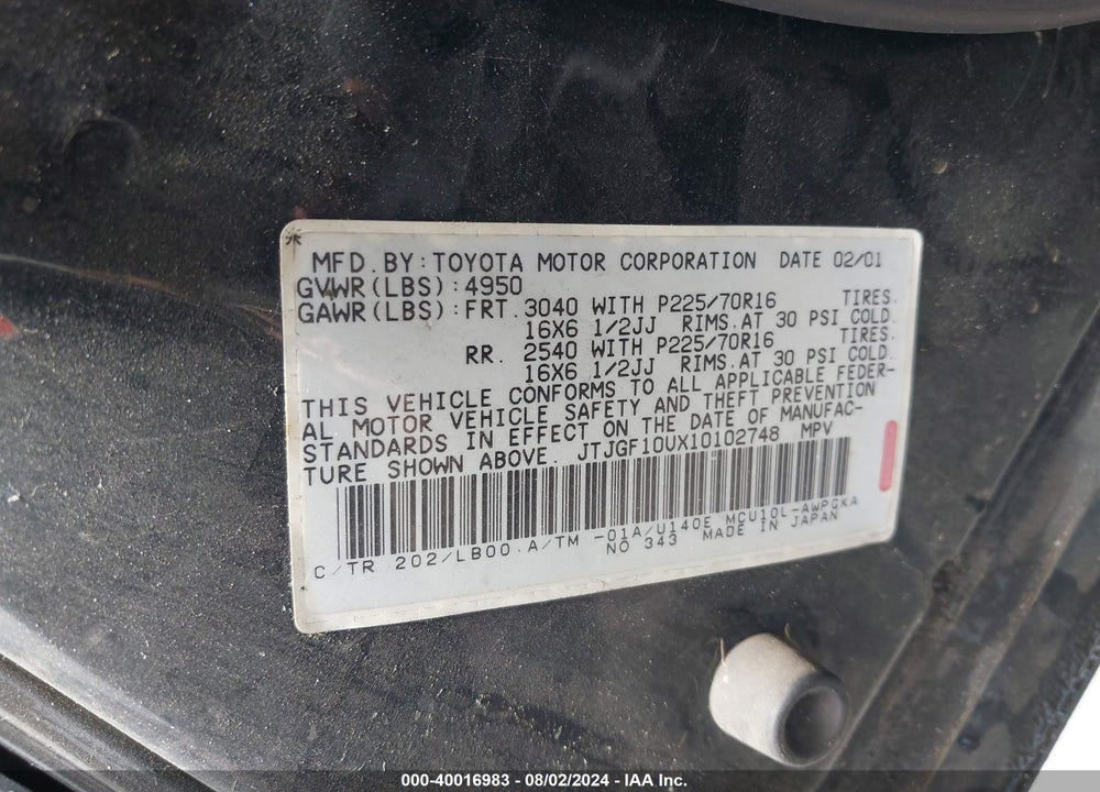 2001 LEXUS RX 300 VIN: JTJGF10UX10102748