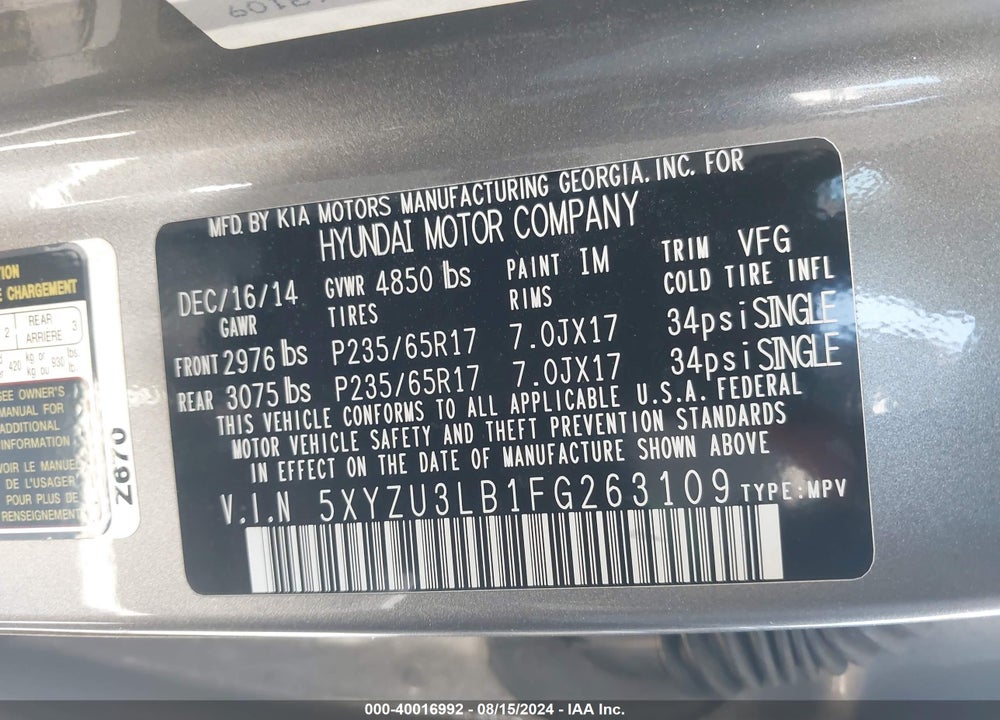 2015 HYUNDAI SANTA FE SPORT 2.4L VIN: 5XYZU3LB1FG263109