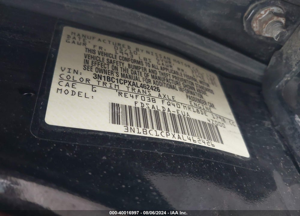 2010 NISSAN VERSA 1.8S VIN: 3N1BC1CPXAL462426