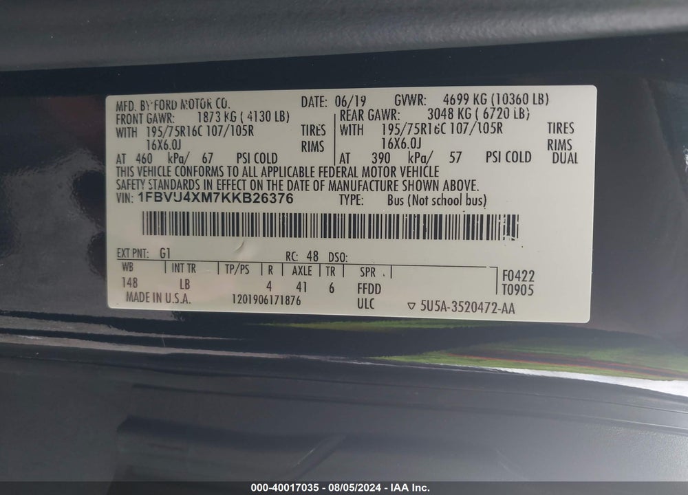 2019 FORD TRANSIT-350 XLT VIN: 1FBVU4XM7KKB26376