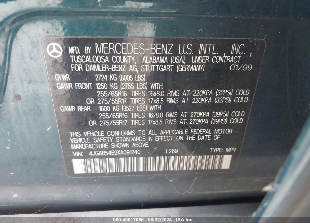 1999 MERCEDES-BENZ ML 320 VIN: 4JGAB54E9XA091240
