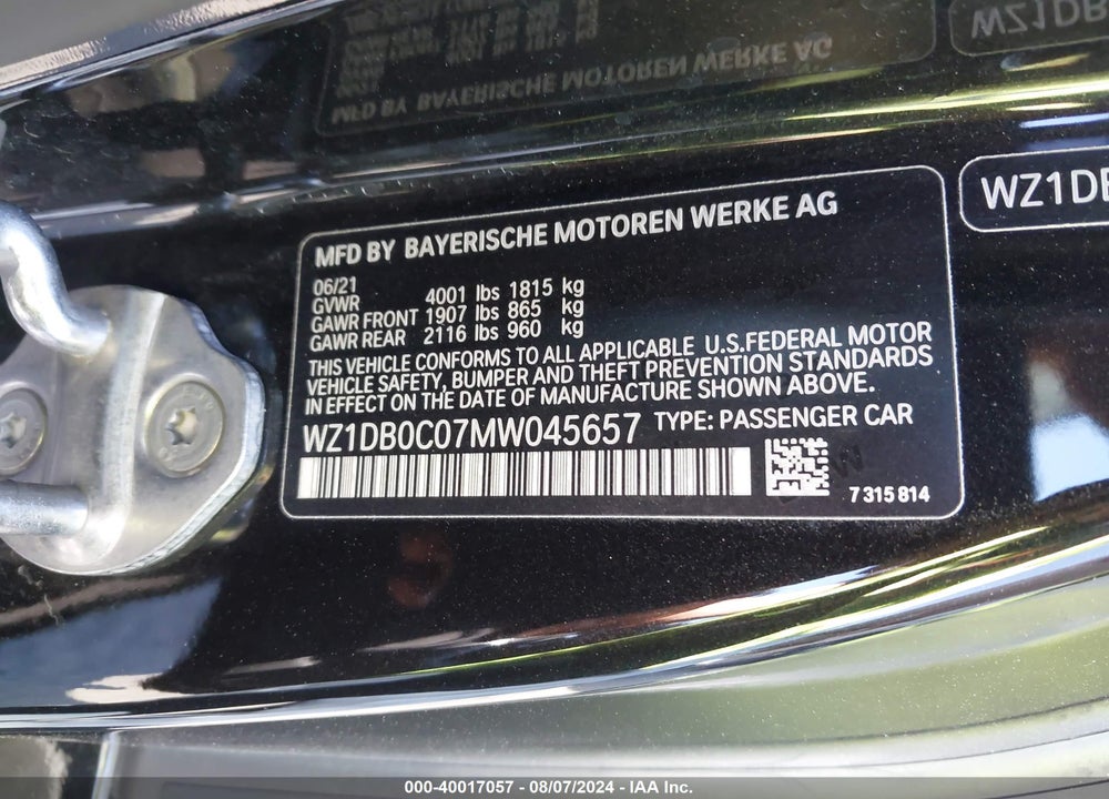 2021 TOYOTA GR SUPRA 3.0 PREMIUM VIN: WZ1DB0C07MW045657