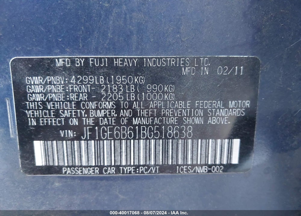2011 SUBARU IMPREZA 2.5I PREMIUM VIN: JF1GE6B61BG518638