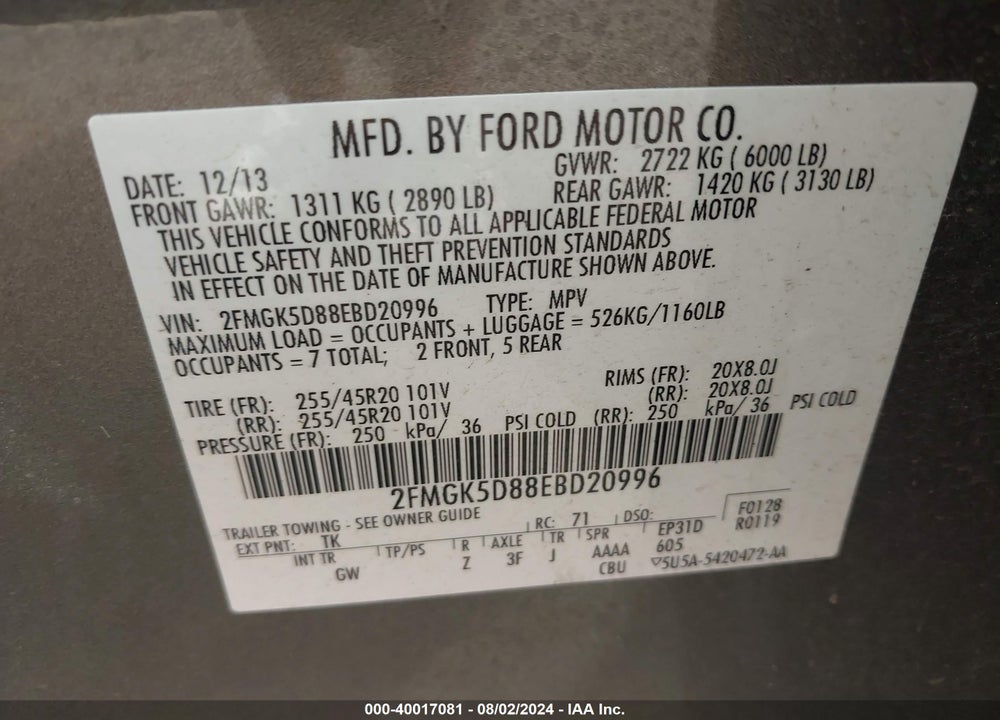 2014 FORD FLEX LIMITED VIN: 2FMGK5D88EBD20996