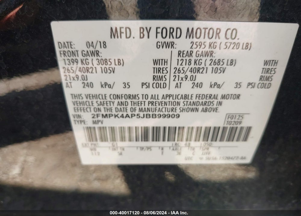 2018 FORD EDGE SPORT VIN: 2FMPK4AP5JBB99909