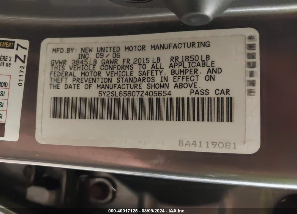 2007 PONTIAC VIBE VIN: 5Y2SL65807Z405654
