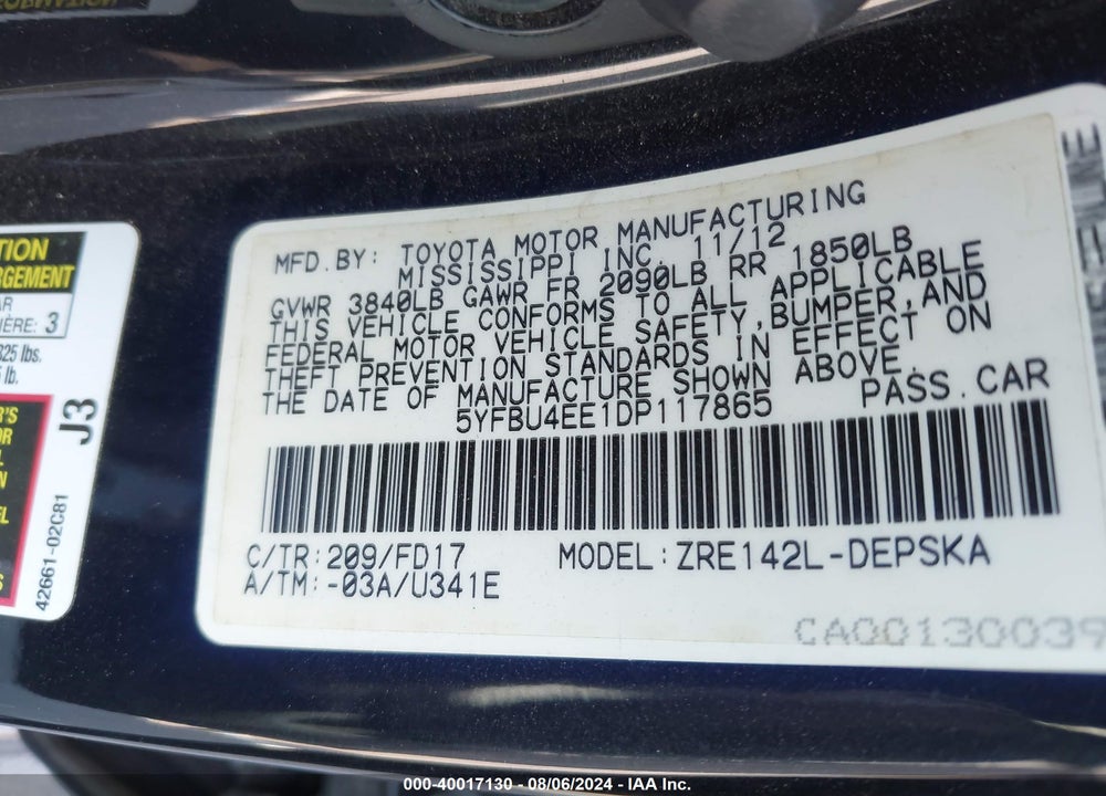 2013 TOYOTA COROLLA S VIN: 5YFBU4EE1DP117865