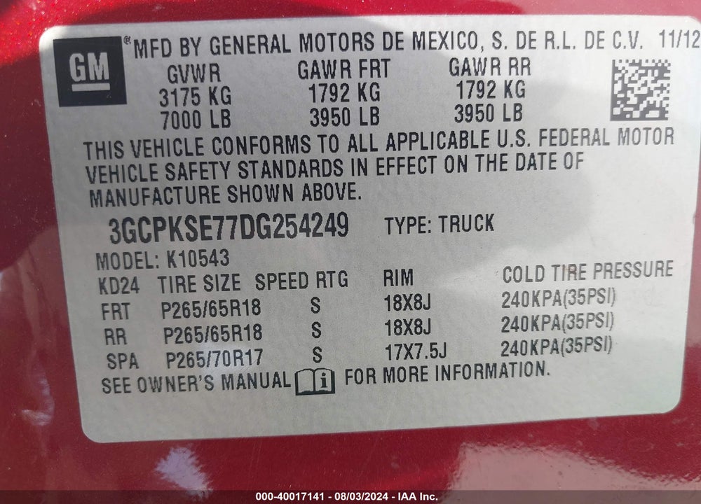 2013 CHEVROLET SILVERADO 1500 LT VIN: 3GCPKSE77DG254249