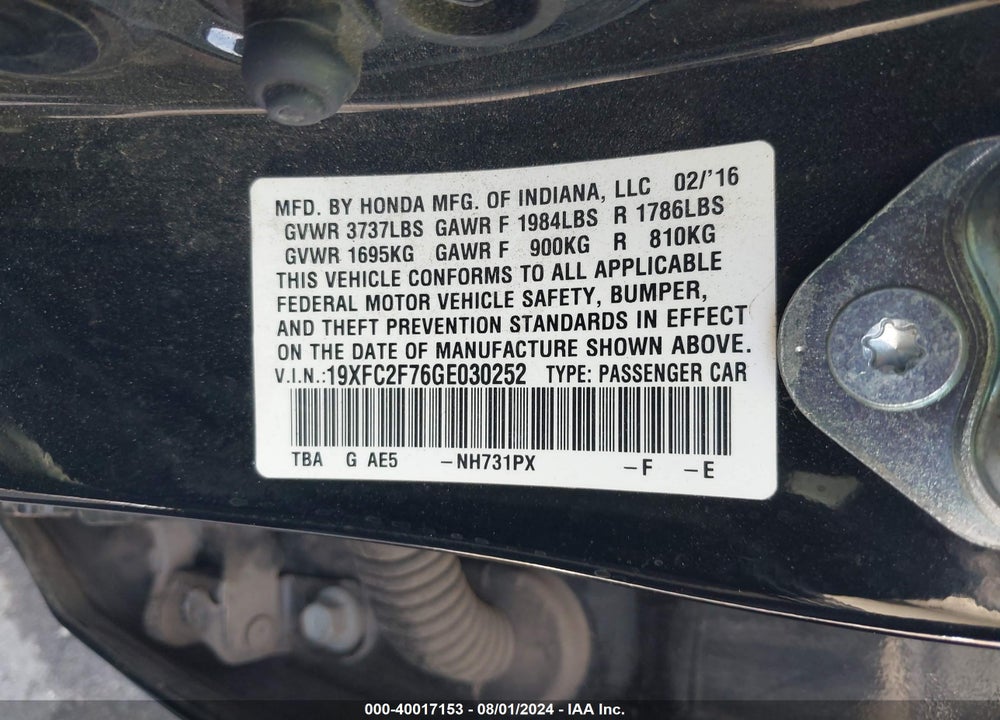 2016 HONDA CIVIC EX VIN: 19XFC2F76GE030252