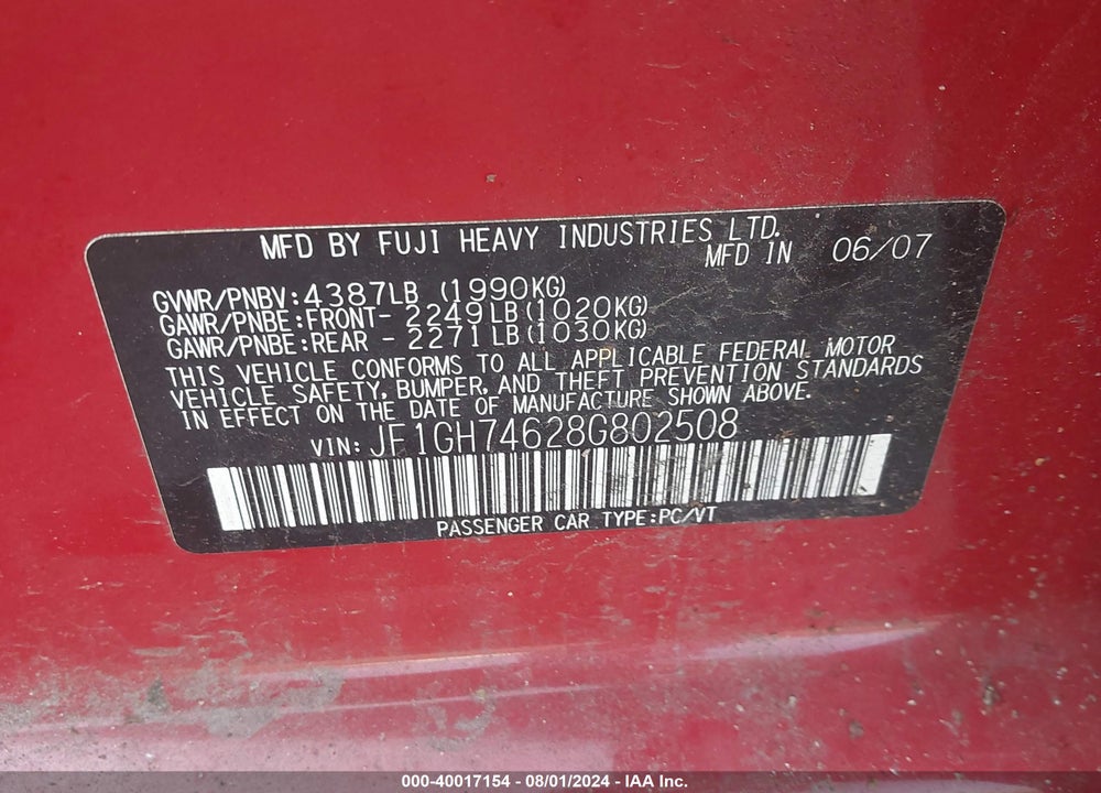 2008 SUBARU IMPREZA WRX VIN: JF1GH74628G802508