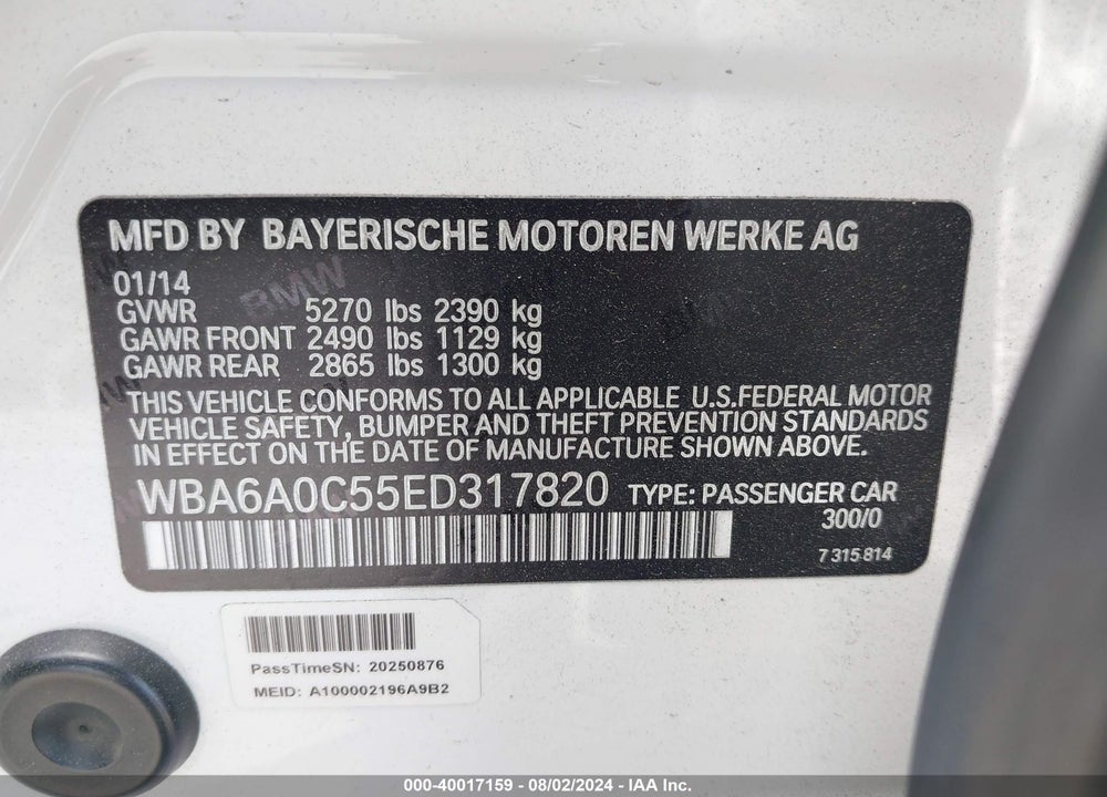 2014 BMW 640I GRAN COUPE VIN: WBA6A0C55ED317820
