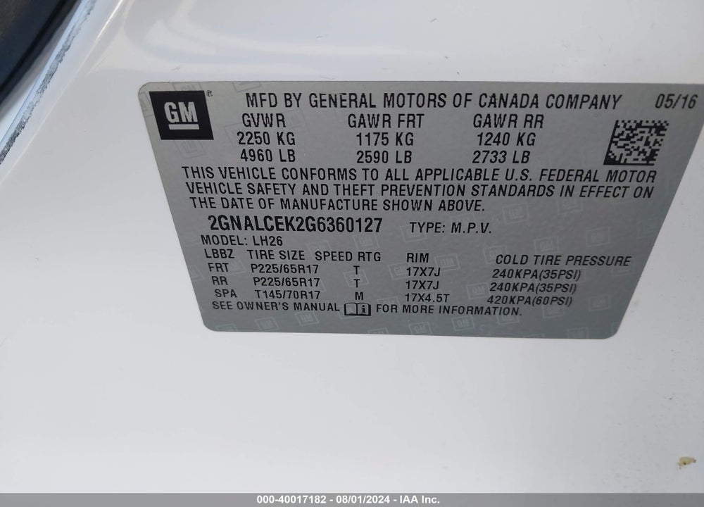 2016 CHEVROLET EQUINOX LT VIN: 2GNALCEK2G6360127