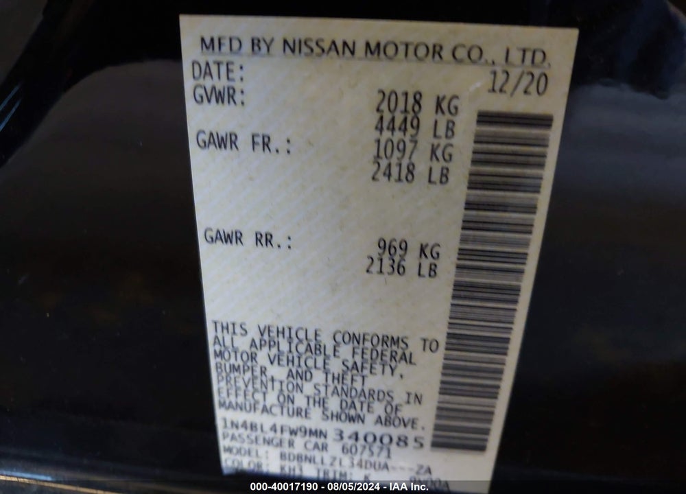 2021 NISSAN ALTIMA VIN: 1N4BL4FW9MN340085