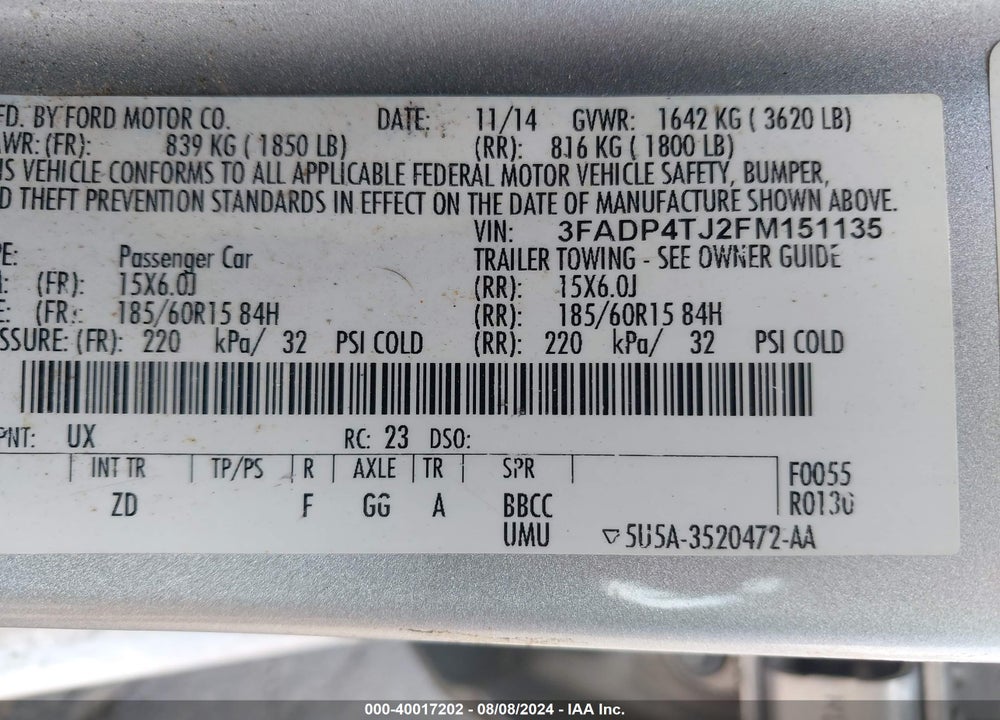 2015 FORD FIESTA S VIN: 3FADP4TJ2FM151135
