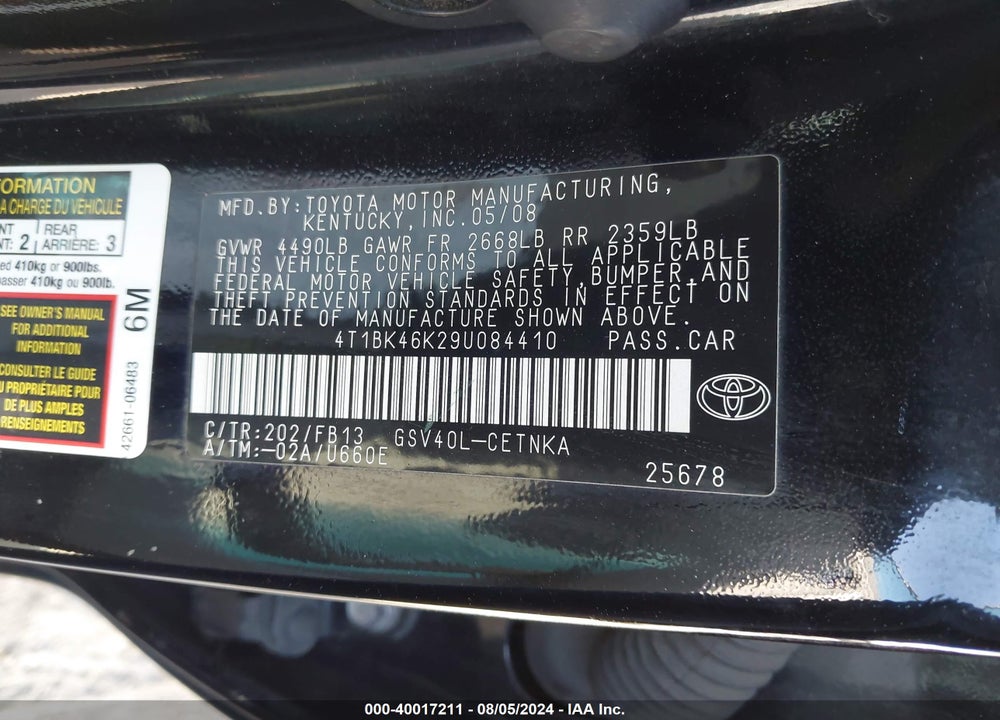 2009 TOYOTA CAMRY LE V6 VIN: 4T1BK46K29U084410