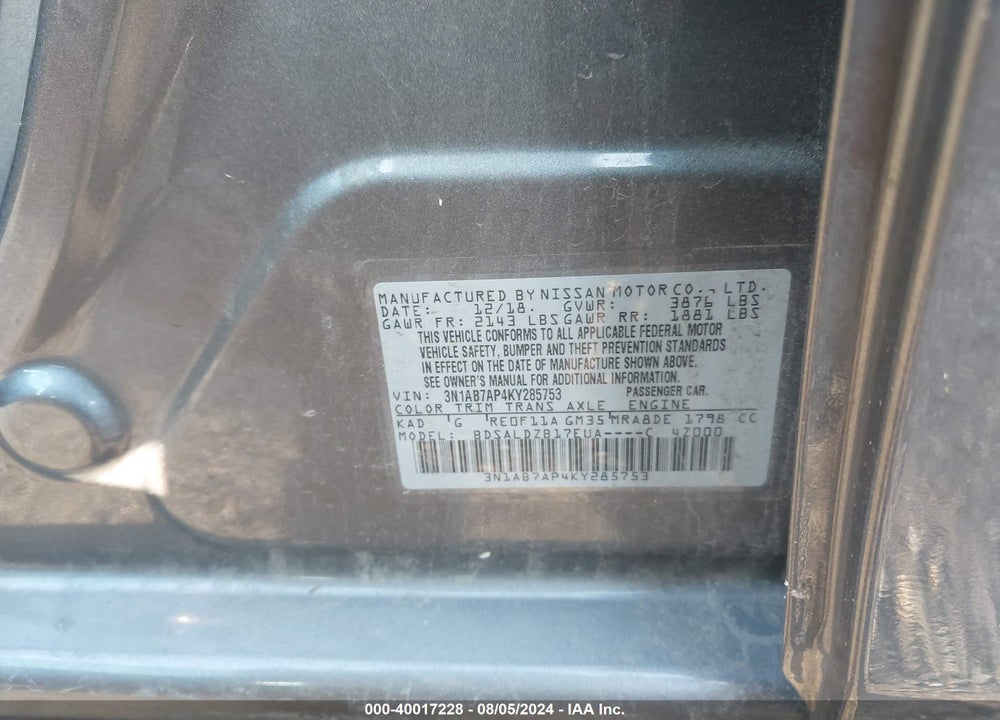 2019 NISSAN SENTRA SV VIN: 3N1AB7AP4KY285753