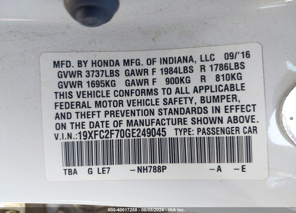 2016 HONDA CIVIC EX VIN: 19XFC2F70GE249045
