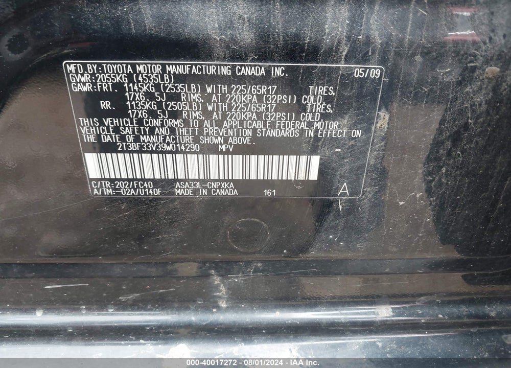 2009 TOYOTA RAV4 VIN: 2T3BF33V39W014290