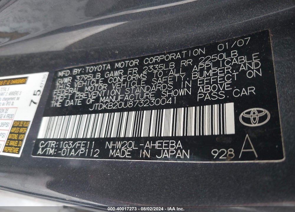 2007 TOYOTA PRIUS VIN: JTDKB20U873230041