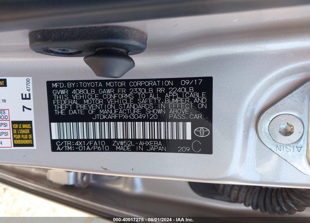 2017 TOYOTA PRIUS PRIME ADVANCED/PLUS/PREMIUM VIN: JTDKARFPXH3049120