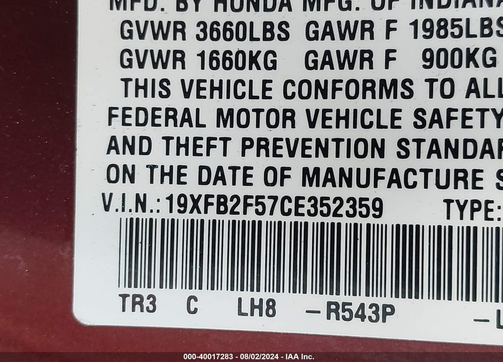 2012 HONDA CIVIC LX VIN: 19XFB2F57CE352359